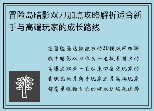 冒险岛暗影双刀加点攻略解析适合新手与高端玩家的成长路线